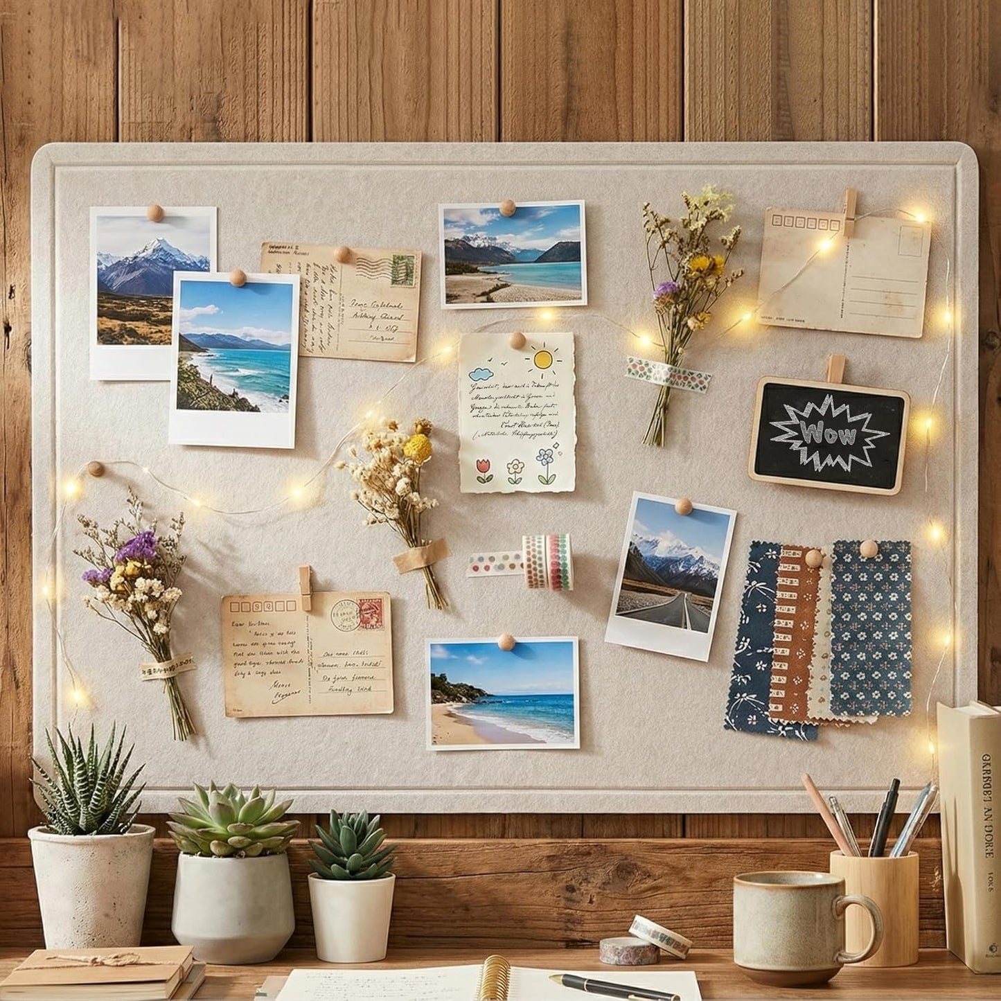 AKTOP Bulletin Board, 24" x 16" Foldable Felt Notice Pin Board for Wall, Decorative CorkBoard Photo Display Board with Self-Adhesive Tape, Vision Board Cork Board Alternative with 25 Pushpins - Latte