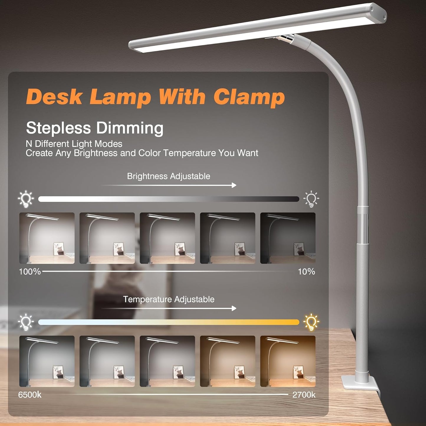 Airlonv LED Desk Lamp for Office Home, Eye-Caring Desk Light with Stepless Dimming Adjustable Flexible Gooseneck, 10W USB Adapter Desk Lamp with Clamp for Reading, Study, Workbench (Black)