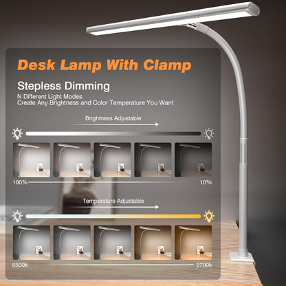 Airlonv LED Desk Lamp for Office Home, Eye-Caring Desk Light with Stepless Dimming Adjustable Flexible Gooseneck, 10W USB Adapter Desk Lamp with Clamp for Reading, Study, Workbench (Black)