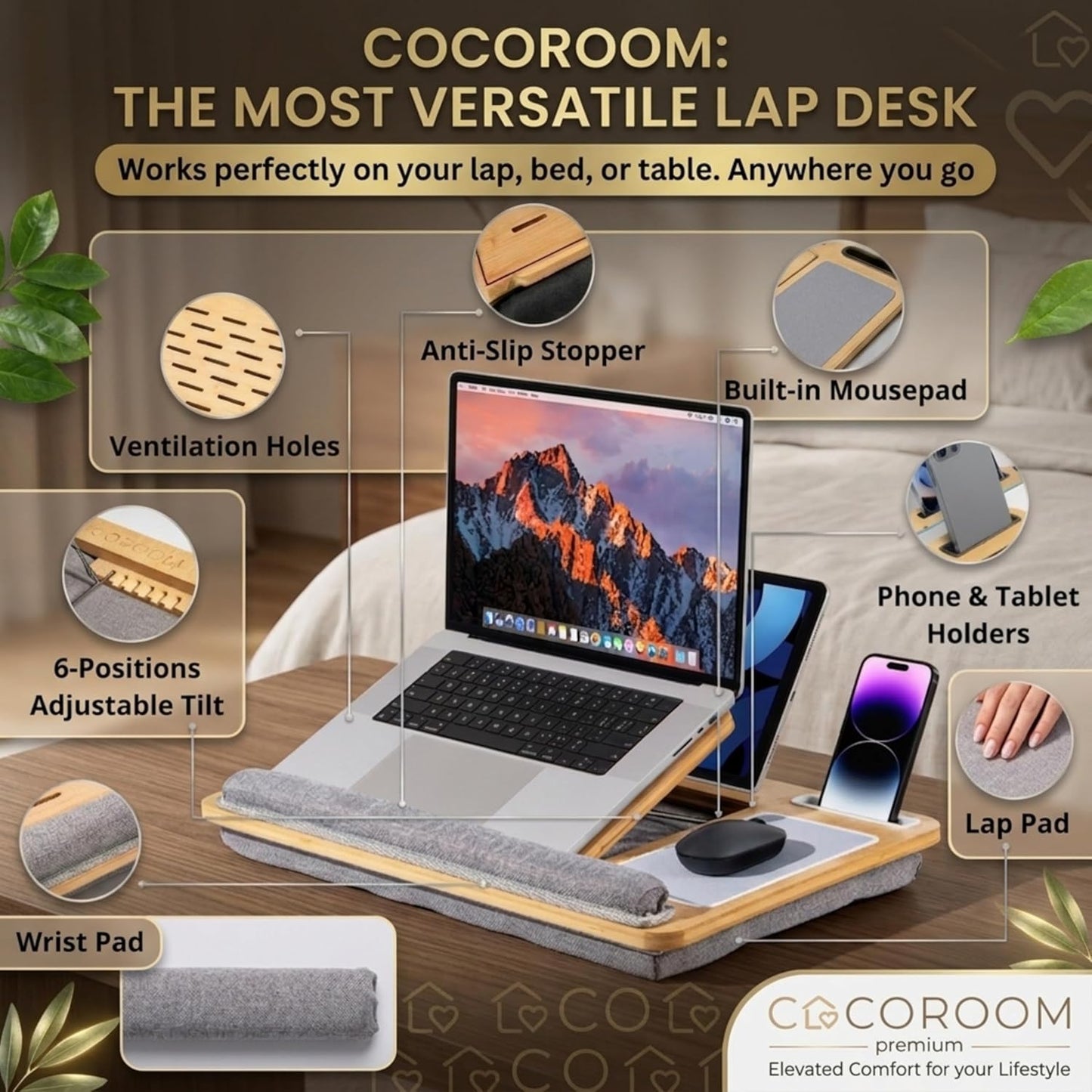 Lap Desk for Laptop – Bed Desk Tray Table with Cushion, 5 Angles, Phone & Tablet Holder, Mouse Pad & Ventilation – Laptop Stand, Lap Table, Couch Desk for 15”-17” Laptops (Black)