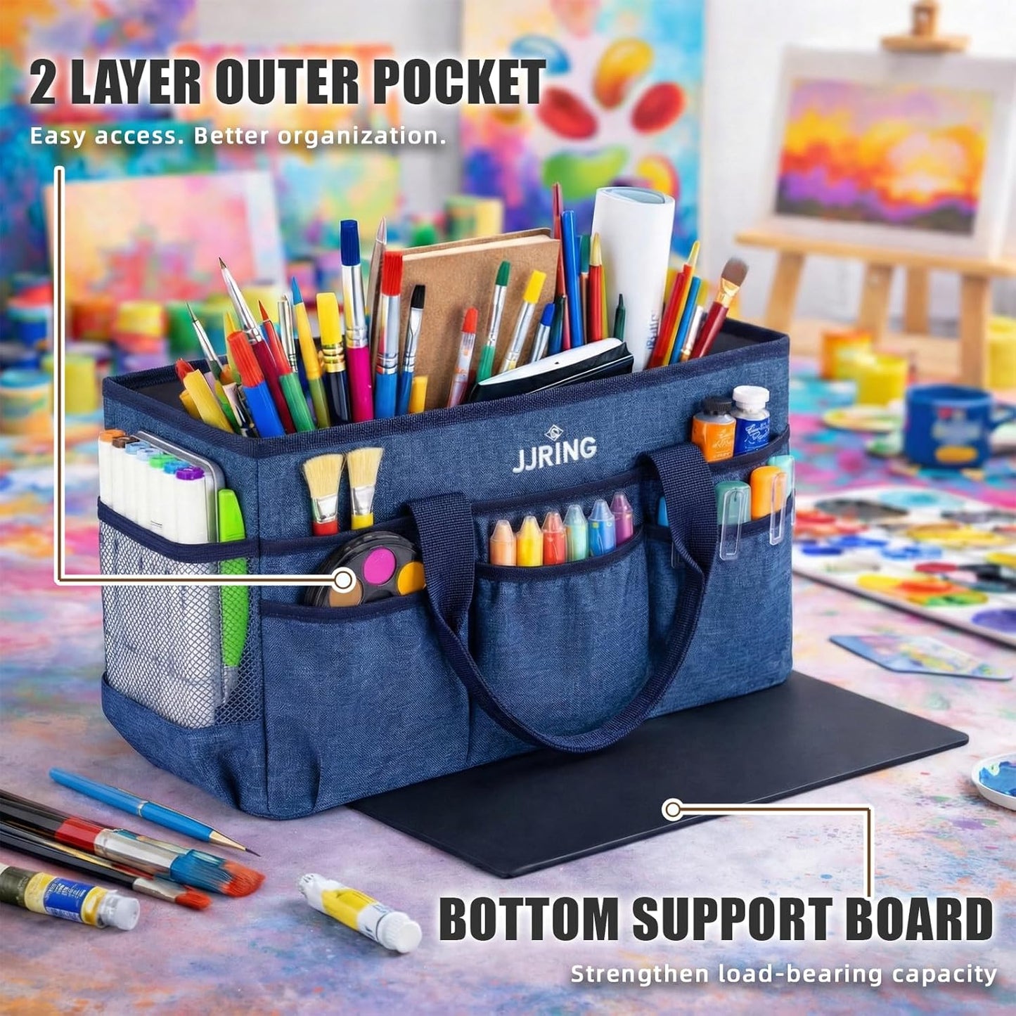 JJRING Large Art Supply Storage Tote Bag With 2 Mesh Side Pockets & Front Elastic Pockets – Sturdy Craft Organizer Caddy with Reinforced Bottom For Sewing, Scrapbooking, Teachers & Artists(Green) | Breathable Material