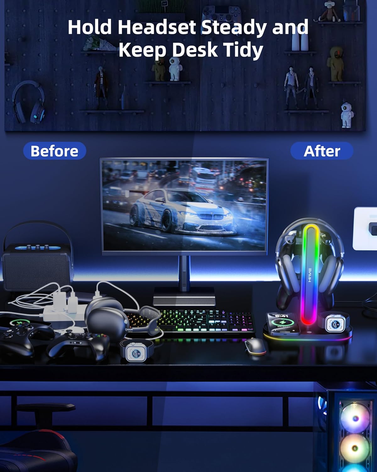 HiWe 4-in-1 RGB Gaming Headphone Stand with Dual Controller Holder, Wireless Charger for iPhone/Apple Watch, USB-A & USB-C Outputs, Adapter Included, Black