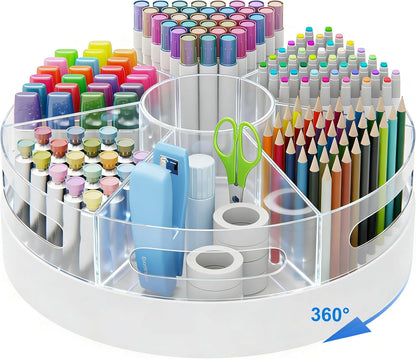 CraftGenes Rotating Pencil Organizer for Desk, 360 Smooth Spinning Marker Organizer, Clear Acrylic Pen Holder, Art Supply Storage & Lazy Susan Desktop Caddy for Kids, School, Office & Craft Room