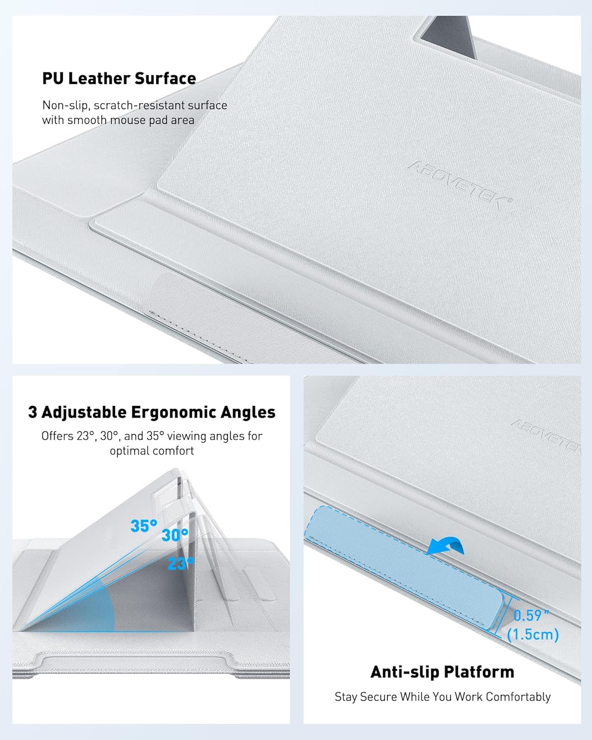 AboveTEK Adjustable Laptop Lap Desk, 3 Ergonomic Angles, PU Leather Non-Slip Surface, Heat Shield, Retractable Mouse Pad, Portable Laptop Lap pad Workstation for Bed, Sofa, Travel