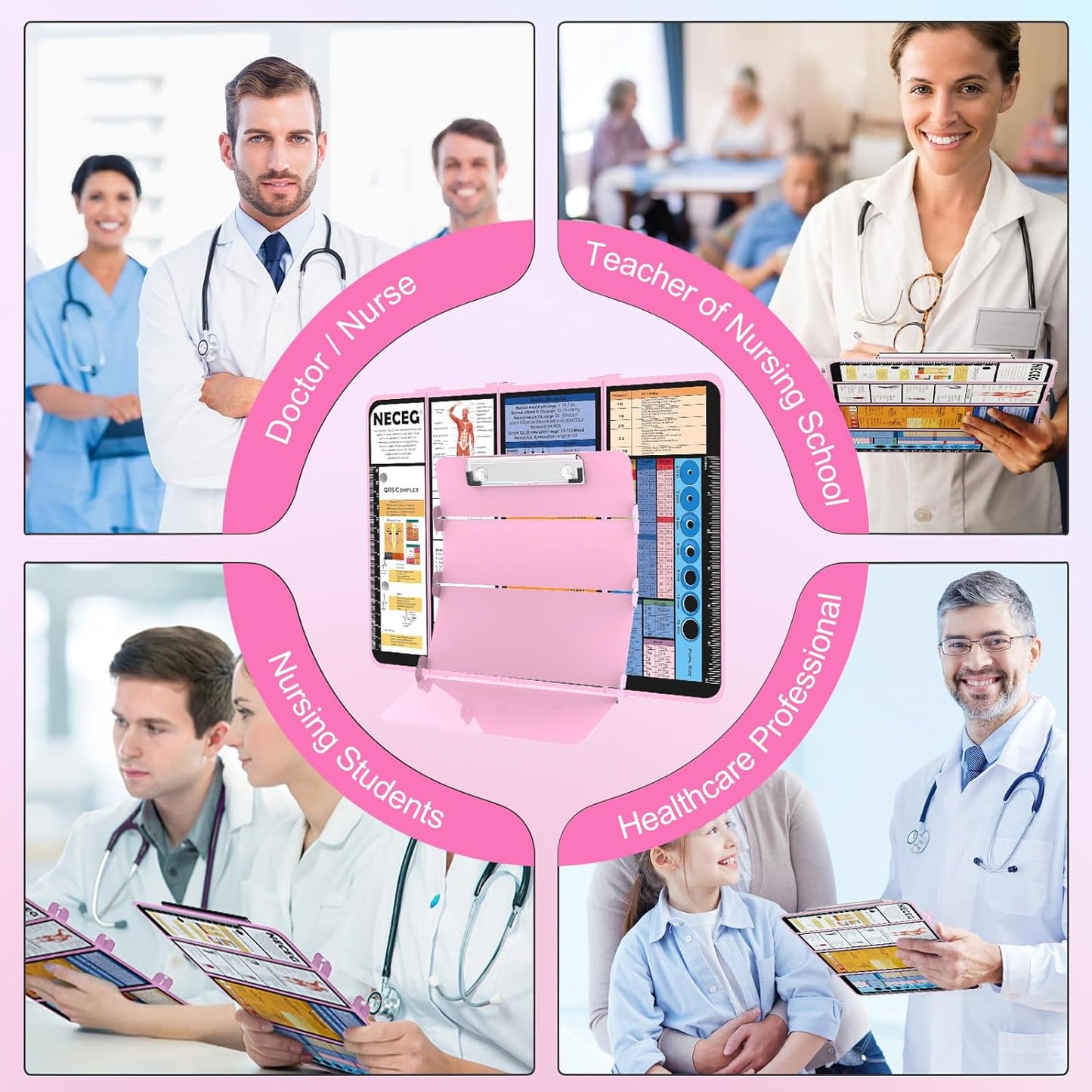 Nursing Clipboard Foldable-4 Layers Aluminum Nurse Foldable Clipboard Nursing Medical Edition Cheat Sheets, Pocket Size Pen Clip for Nurses Students School and Doctors-Pink