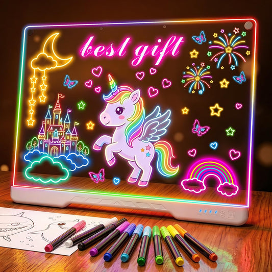 Led Drawing Board for Kids 16-Inch Rechargeable Doodle Glow Led Note Writing Message Board with Color Portable Light Up Drawing Pad Tablet Gifts for Teenage Girls, 12 Dry Erase Markers & Tracing Book