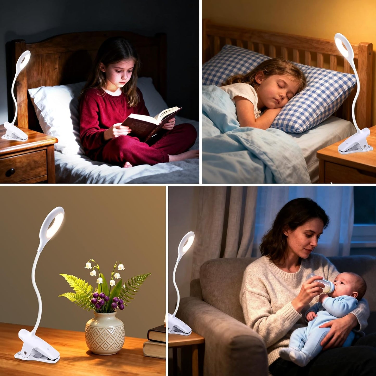Akynite Desk Lamp LED Clip on Light, 5 Modes 5 Brightness Dimmable Clamp Light, Rechargeable Battery Flexible Clip on Reading Lamp for Bed Headboard Bunk Bed at Night for Kids (Black)