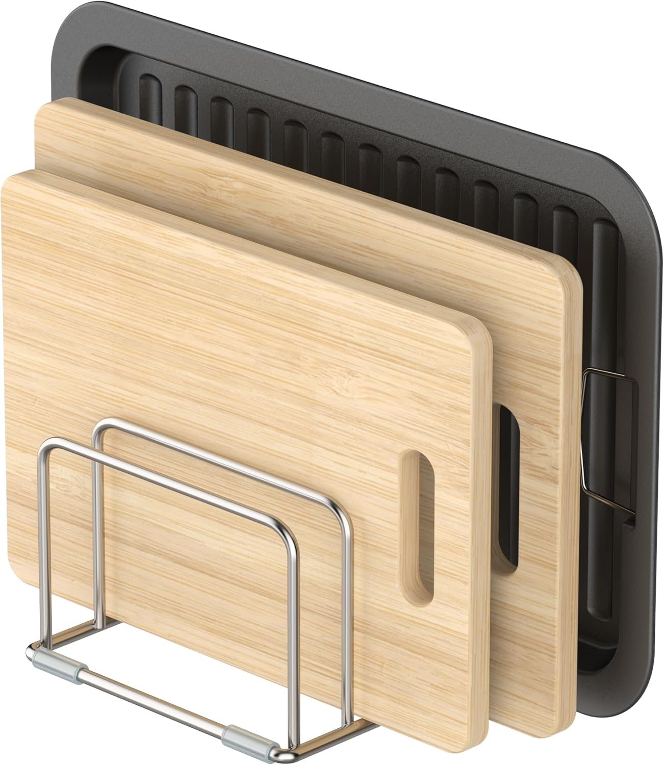 KORRTFID Cutting Board Holder Stand, Chopping Board Storage Rack, Cutting Board Organizer, 304 Stainless Steel Chopping Board Holder, Cookie Sheets Organizer 1.0+1.2 Inch Width Slots(Large)