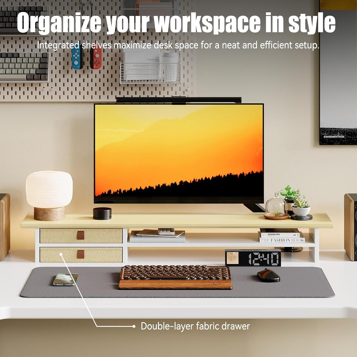 FENSULN Dual‑Tier Monitor Stand Riser with Drawers, Desktop Organizer Shelf Storage for Computer Screen 2 Monitors, Supports for PC Computer Monitor, Printer, Heavy TV Riser Brown and Black