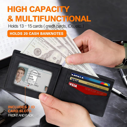 Wallet for Men Slim RFID Blocking Bifold Carbon Fiber,Minimalist Small Compact Front Pocket Credit Card Holder,Thin Mens Leather Wallets Smart Security With 2 ID Windows 1 Cash,Birthday Gifts for Men