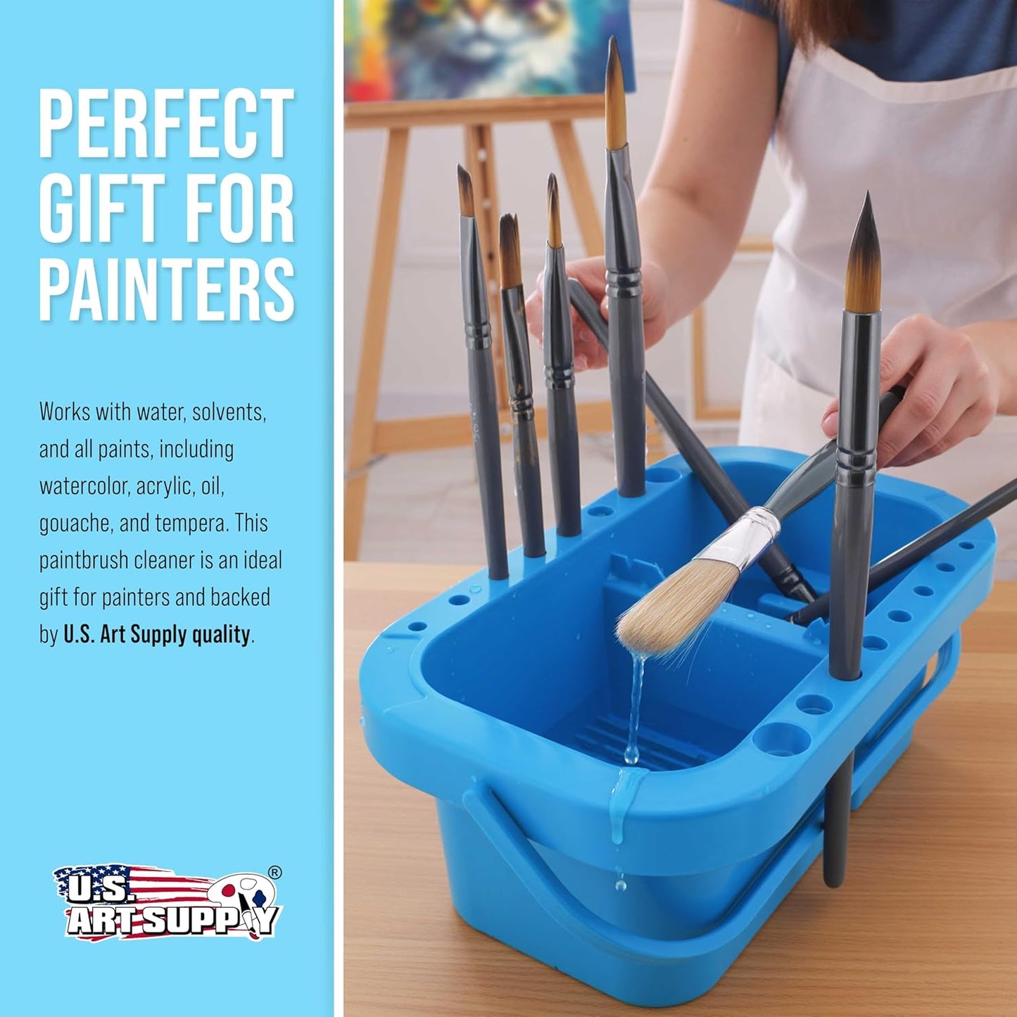 U.S. Art Supply 12-Hole Multi-Function Plastic Paint Brush Cleaner & Paint Brush Holder with Palette Lid, Washer for Acrylic, Watercolor, Oil Paints, Cleans Artist Brushes