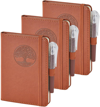 NIRMIRO 3 Pack Pocket Notebook Journals, Small Notepad Notebooks for Note Taking, A6 Mini Note pads with Pen Holder, 408 Lined Pages, 3.7" x 5.7", Black, Brown, Blue
