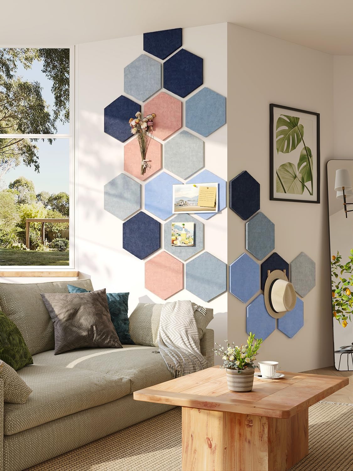 8 Pack Hexagon Felt Bulletin Board Tiles - 12" Large Thick Pin Board for Walls with 30 Push Pins, DIY Boards for Office Home School Decor, Aesthetic Hex Cork Board Alternative