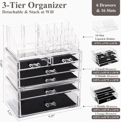 Sea Team Clear Makeup Organizer with Drawers, Acrylic Plastic Cosmetic Display Case, Jewelry Storage Box, Holder for Dresser, Bathroom, Vanity, Countertop (3 Middle Drawers)