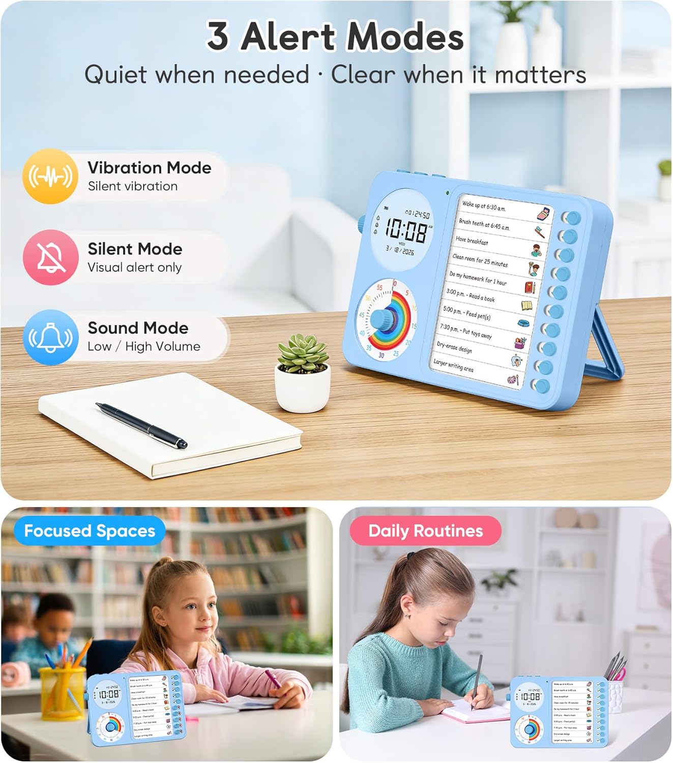 3-in-1 Visual Timer & ADHD Tool for Kids – ADHD Task Timer for Adults with Visual Schedule, Chore Chart & Planning Board for Home, School, Classroom, Work (White)