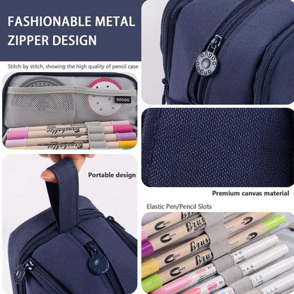 MAMUNU Large Capacity Pencil Case 4 Compartments, Pencil Pouch Bag with Zipper Portable Handle, Pen Case Bag Stationery Organizer for Office College School Adults Teen Girls Boys Men Women, Black