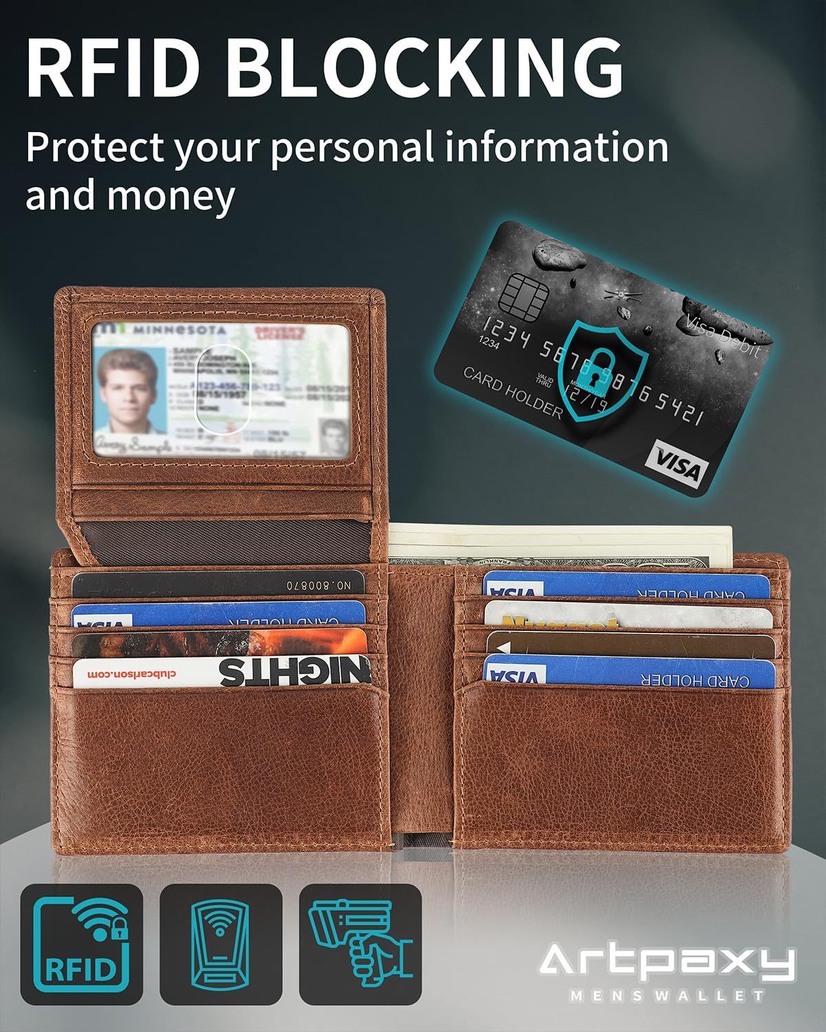 Mens Wallet With AirTag Holder, Bifold Leather RFID Blocking 1-2 ID Windows 12-13 Card Holders, Gift Box and Screen Protector Included, AirTag Not Included