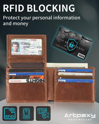 Mens Wallet With AirTag Holder, Bifold Leather RFID Blocking 1-2 ID Windows 12-13 Card Holders, Gift Box and Screen Protector Included, AirTag Not Included