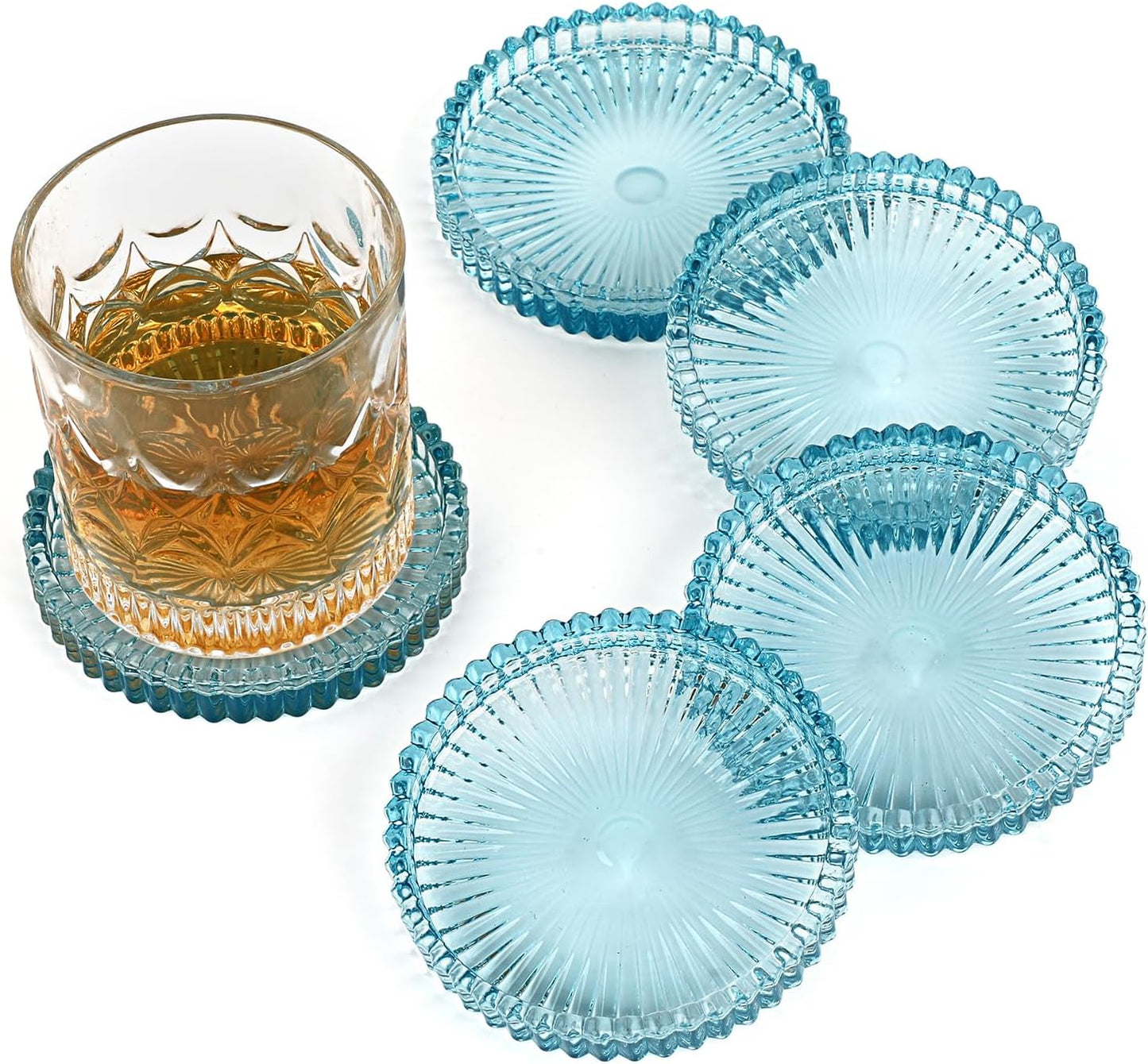 Modern Clear Coasters Set of 5- Glass Cute Coasters for Drinks Crystal Coaster Round Chic Cup Mat Cute Coffee Table Coaster for Kitchen, Bar, Dining Room, Living Room, Patio(Amber)