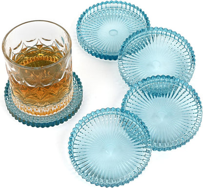 Modern Clear Coasters Set of 5- Glass Cute Coasters for Drinks Crystal Coaster Round Chic Cup Mat Cute Coffee Table Coaster for Kitchen, Bar, Dining Room, Living Room, Patio(Amber)