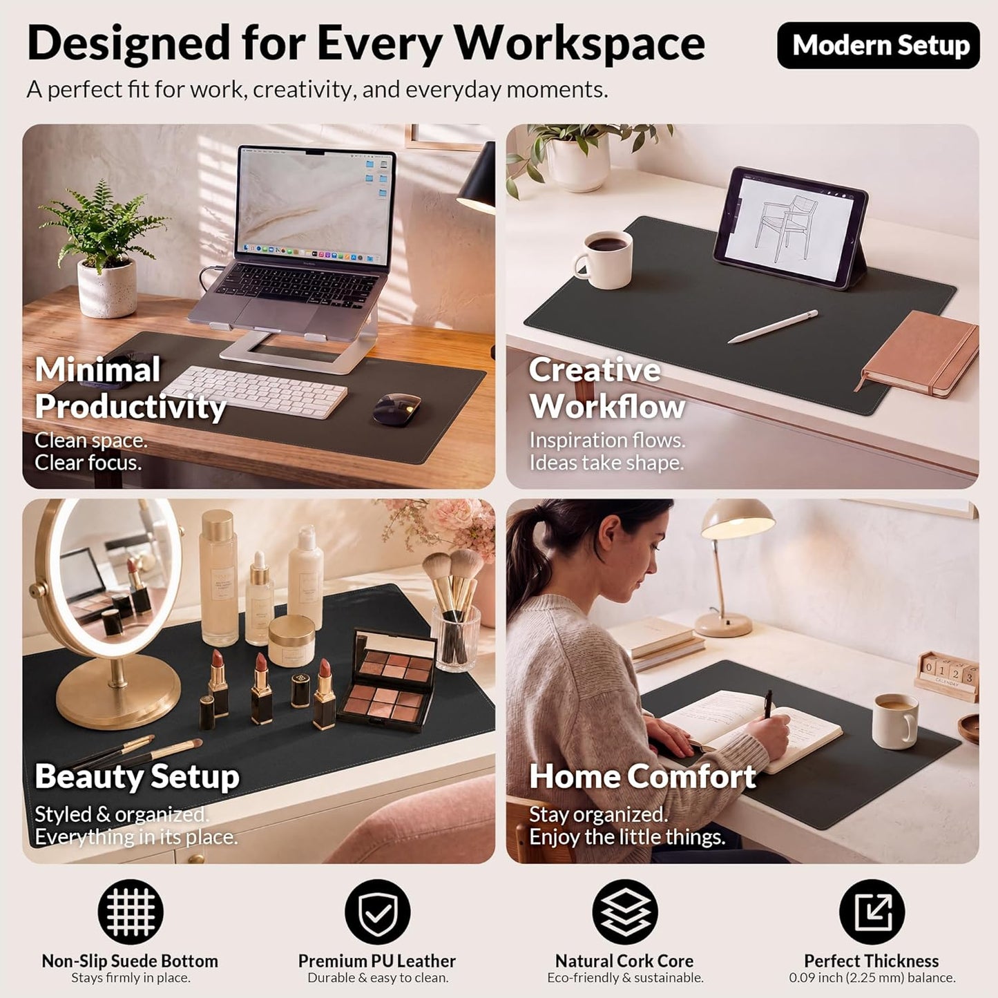 AFIING Large Desk Mat 47" x 17", Dual-Sided Natural Cork & PU Leather Desk Pad, Non-Slip Waterproof Mouse Pad for Office, Home & Gaming, Black
