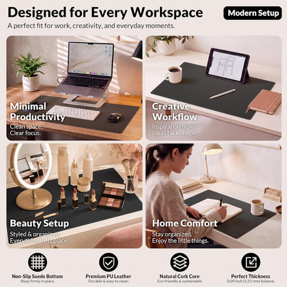 AFIING Large Desk Mat 47" x 17", Dual-Sided Natural Cork & PU Leather Desk Pad, Non-Slip Waterproof Mouse Pad for Office, Home & Gaming, Black