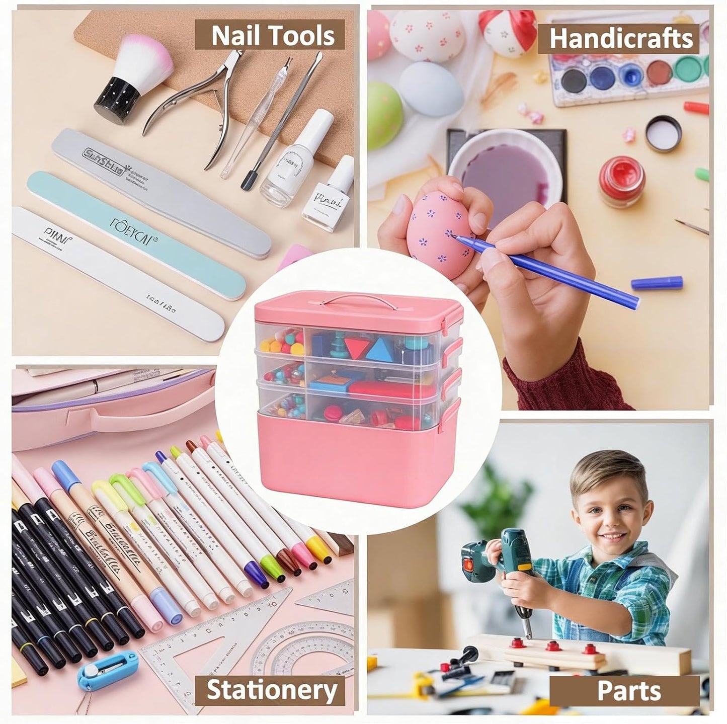 3-Layer Plastic Craft Organizers and Storage Box with Removable Trays, Storage Containers with lids and Handle, Art Supply Storage Organizer for Bead, Ornament, Nail Polish, Tape（10.62"x9"x7.67"）