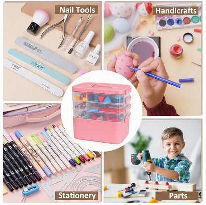 3-Layer Plastic Craft Organizers and Storage Box with Removable Trays, Storage Containers with lids and Handle, Art Supply Storage Organizer for Bead, Ornament, Nail Polish, Tape（10.62"x9"x7.67"）