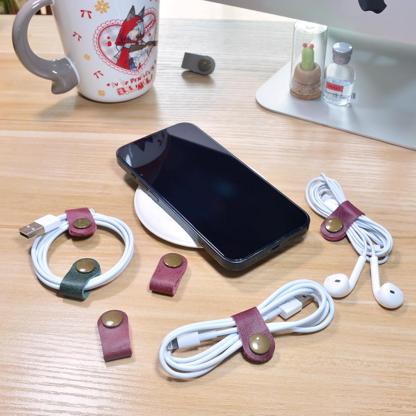 CAILLU Cord Organizer,Cord Keeper,Cable Organizer USB Holder,Cable Straps,Earbud case,wrap Headphone,Headset Winder,Earphone Clips Ties,stocking stuffers for men Gifts Leather