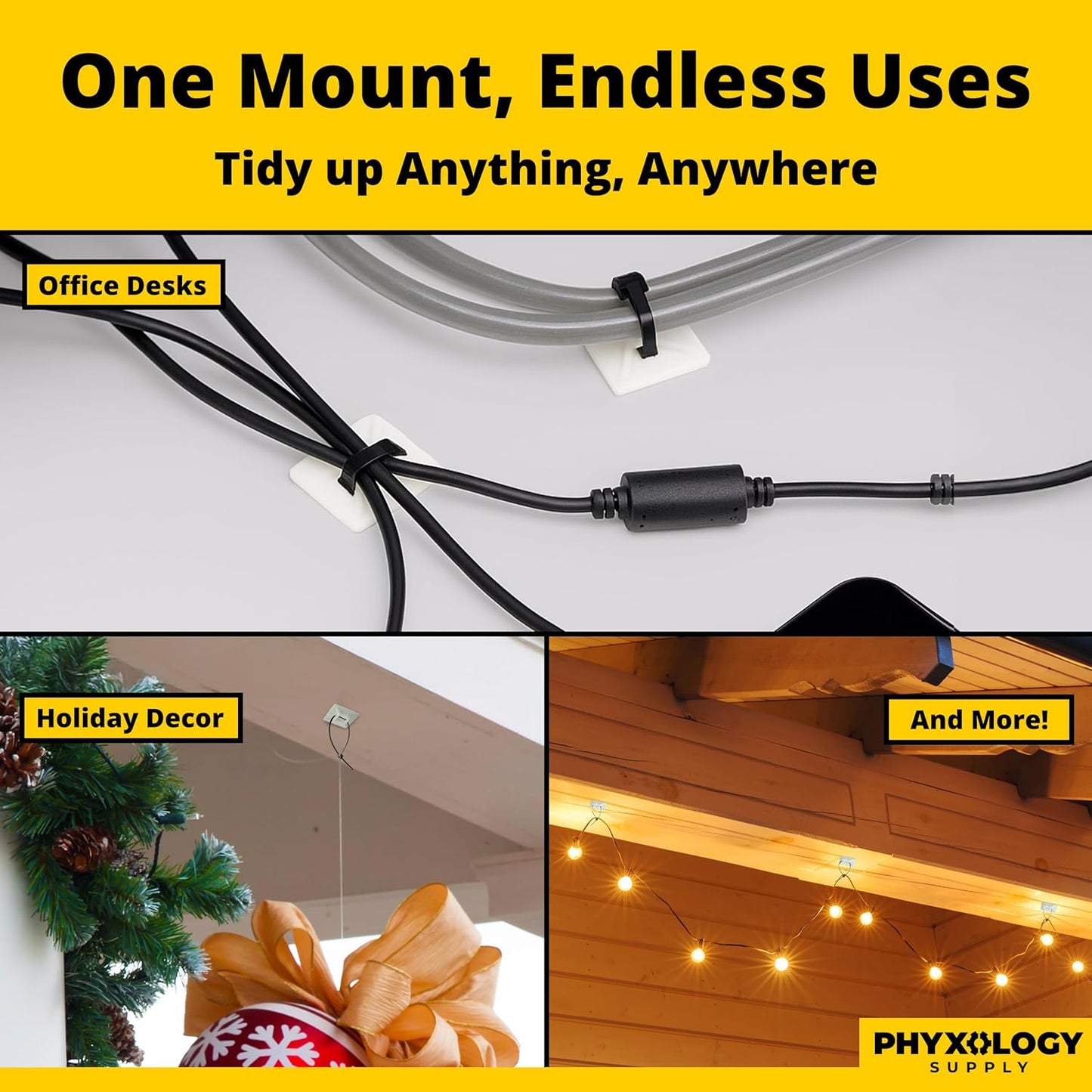 Large, Premium Zip Tie Adhesive-Backed Mounts 100 Pk by Phyxology Supply. Pro-Grade, UV White Cable Tie Bases: 1.1 in x 1.1 in. Screw-Hole Anchor Point Gives High-Strength Durability for Long-Term Use