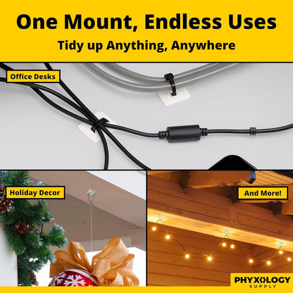 Large, Premium Zip Tie Adhesive-Backed Mounts 100 Pk by Phyxology Supply. Pro-Grade, UV White Cable Tie Bases: 1.1 in x 1.1 in. Screw-Hole Anchor Point Gives High-Strength Durability for Long-Term Use