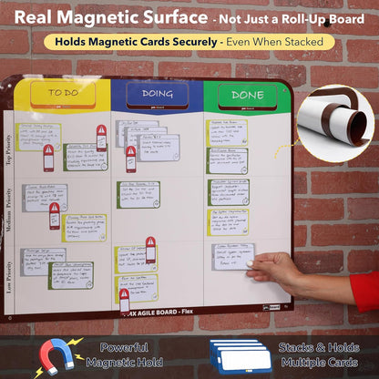 4 Column Magnetic Kanban Board, Scrum Board Flex Whiteboard Kit. Agile Kit, 64 Magnetic Kanban Cards Kit, Scrum Cards Set. Project Management Board for Project Planning, Kanban Whiteboard Kit