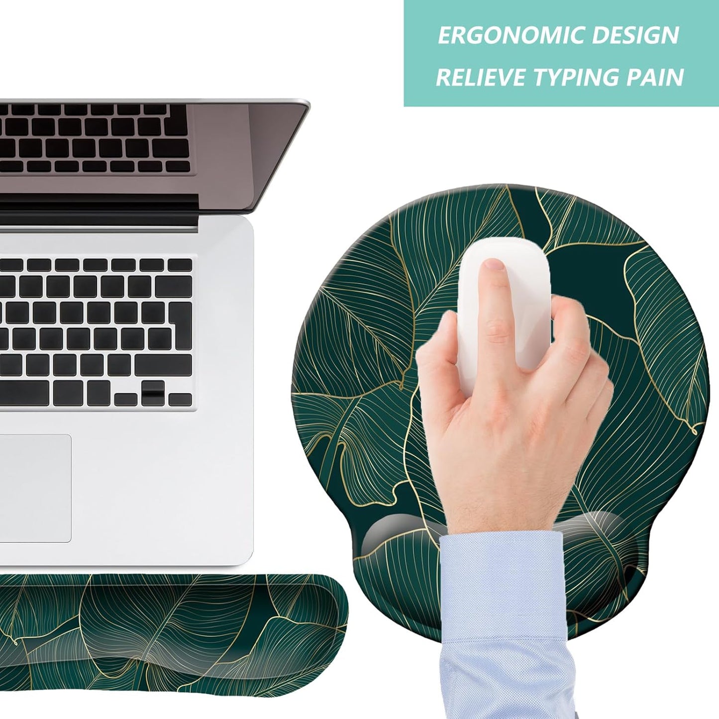 Keyboard Wrist Rest Pad Mouse Pad with Wrist Support Set of 3, Mousepad with Non-Slip Rubber Base, Ergonomic Memory Foam Mouse Wrist Cushion Support for Home Office Laptop Computer Gaming, Forest