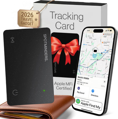 SPOTMINDERS Apple MFi Certified Wallet Tracker PRO for Travel Credit Card Design Works with Apple Find My IP68 Waterproof Rechargeable Tracking Card for Wallet Luggage Passport 0.07in Slim Item Finder