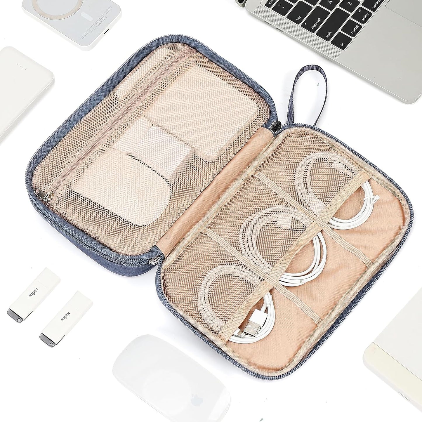 NISHEL Travel Cord Organizer Case, Double Layers Tech Electronic Bag, Essentials for Charger, Cable, Phone, Flash drive, Medium, Pink