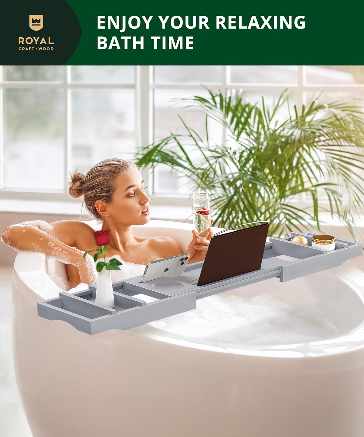 ROYAL CRAFT WOOD Premium Foldable Bathtub Tray Caddy - Wood Bath Tray for Tub, Bamboo Shelf, Expandable Bath Table Trays, Bathtub & Bathroom Accessories for New Home & Mothers, Birthday Gifts for Mom