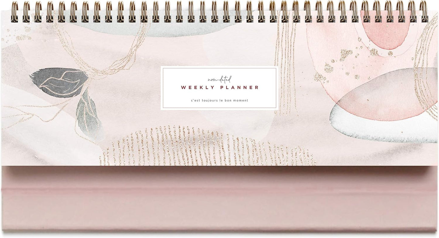 Pink Abstract Non-Dated Spiral Weekly Desk Calendar Planner, 60 Week Inspirational To Do List Pad Desktop Stand, 3.75" x 10.5", La Lune Collection by Bright Day