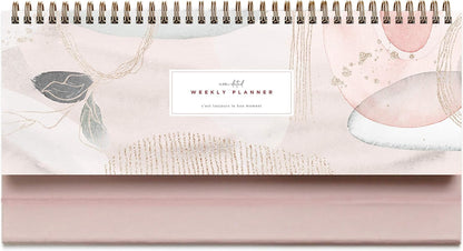 Pink Abstract Non-Dated Spiral Weekly Desk Calendar Planner, 60 Week Inspirational To Do List Pad Desktop Stand, 3.75" x 10.5", La Lune Collection by Bright Day