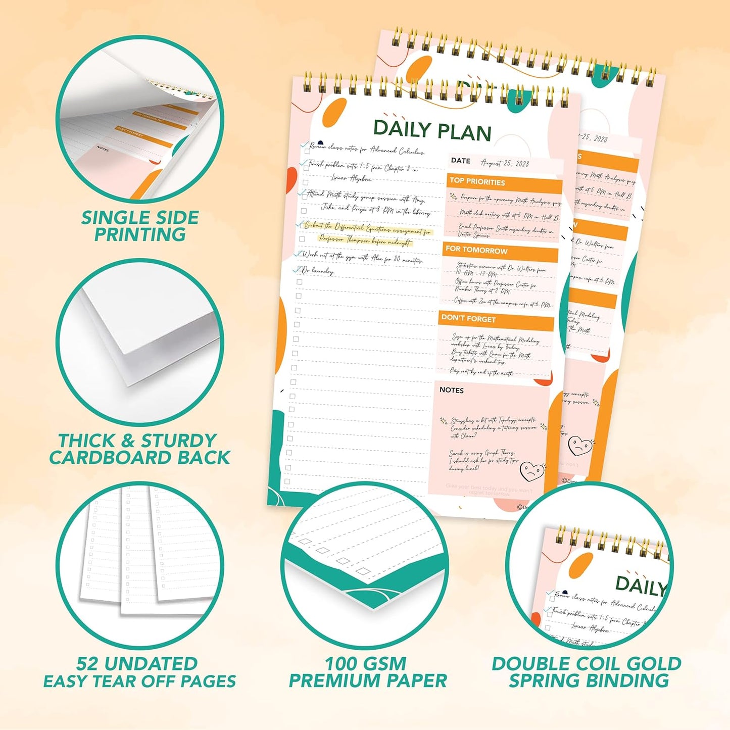 Decorably 52 Sheets Nude Pink Undated Daily to Do List Notepad, 6.5x10in Spring-Bound Easy Tear-Off Design, with Priorities, Checklist, Agenda, Reminders, Notes - Home, School, Office