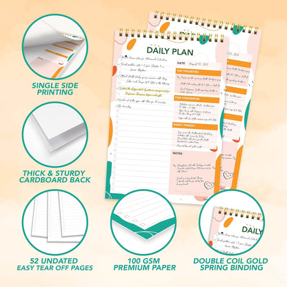 Decorably 52 Sheets Nude Pink Undated Daily to Do List Notepad, 6.5x10in Spring-Bound Easy Tear-Off Design, with Priorities, Checklist, Agenda, Reminders, Notes - Home, School, Office