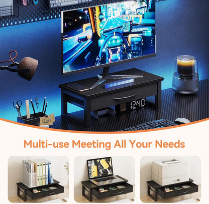 Computer Monitor Stand Riser, Desk Organizers and Accessories with Drawer, 2-Tier Laptop Stand for Desk, Office Organizer Storage, Wood