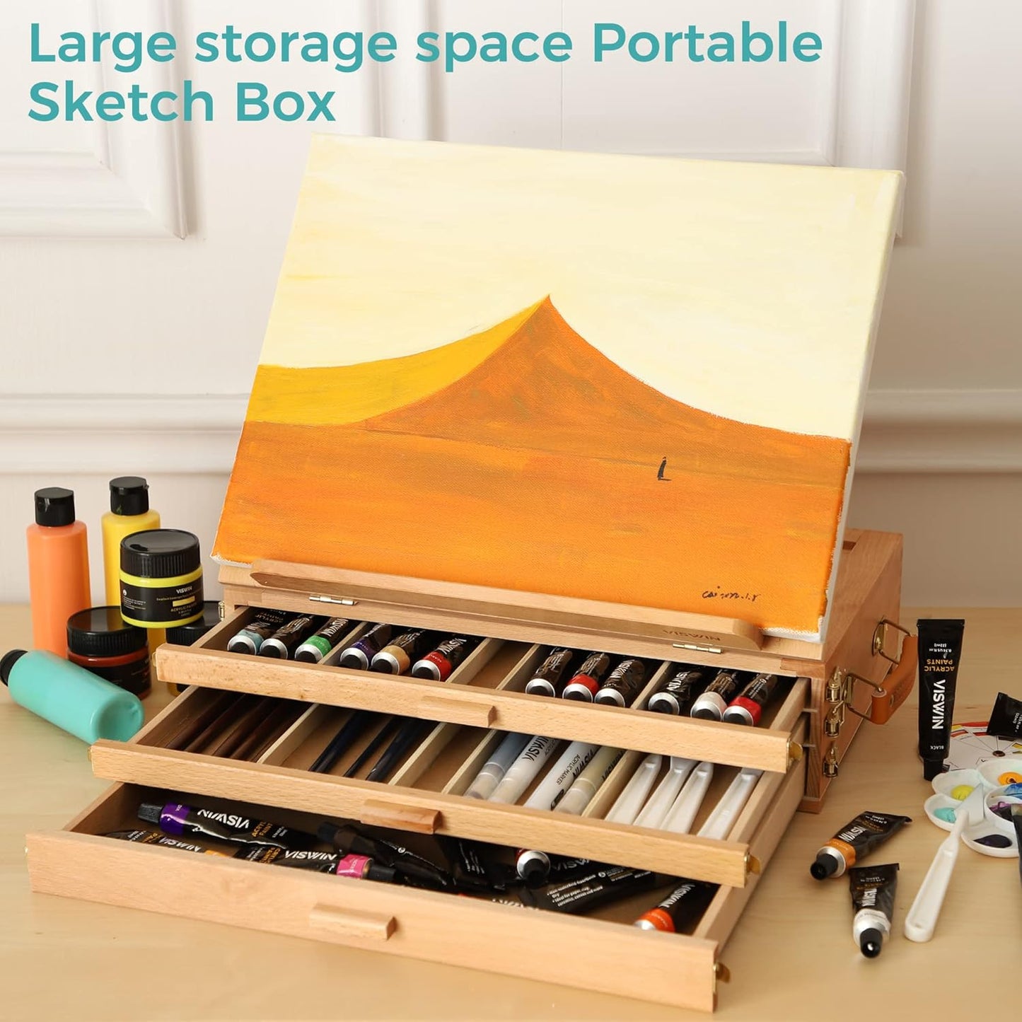 VISWIN Tabletop Easel with Storage Drawer & Palette, Adjustable Portable Beech Wood Sketch Box Table Top Easel for Painting, Desktop Travel Art Easel for Adults, Artists, Students