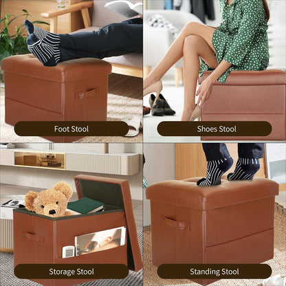 BelugaHelper Storage Ottoman Foot Rest Stool, Foldable Leather Footstool Storage Bench with Thicker Foam Padded Seat. Foot Rest Under Desk for Living Room Bedroom 350 lbs, 17x13x13 in, Brown