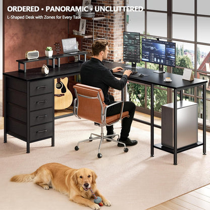 Korfile 59 inch L Shaped Computer Desk with Power Outlets, Home Office Desk with 4 Adjustable Storage Drawers & 2 Monitor Stands, Two Person Gaming Table for Bedroom, Black