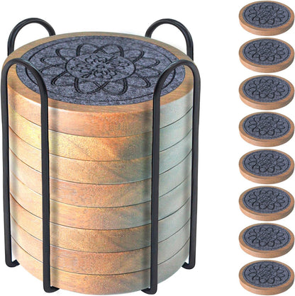 Wood Coasters for Drinks, Minacun Absorbent Coaster Sets of 5, Drinks Coasters for Coffee Tabletop Protection, Non-Slip, Non-Stick, Suitable for Kinds of Cups Wooden Table Drink, 4.3 Inches Black
