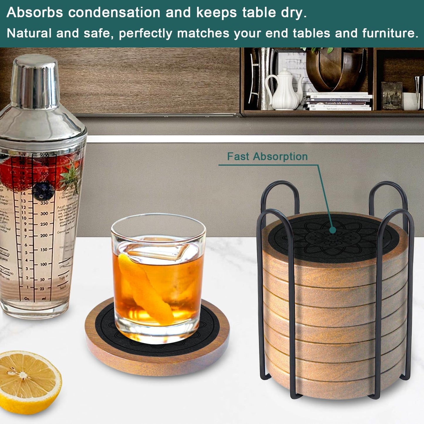 Wood Coasters for Drinks, Minacun Absorbent Coaster Sets of 5, Drinks Coasters for Coffee Tabletop Protection, Non-Slip, Non-Stick, Suitable for Kinds of Cups Wooden Table Drink, 4.3 Inches Black