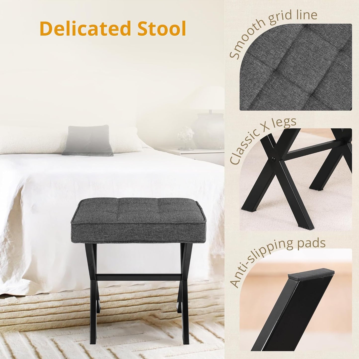 LUE BONA Square Linen Makeup Stool, Metal X Legs, Small Ottoman Stool Chair for Vanity, Modern Padded Seat Foot Rest for Makeup Room, Bathroom