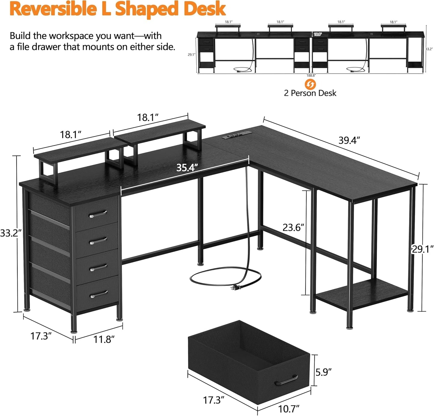 Korfile 59 inch L Shaped Computer Desk with Power Outlets, Home Office Desk with 4 Adjustable Storage Drawers & 2 Monitor Stands, Two Person Gaming Table for Bedroom, Black
