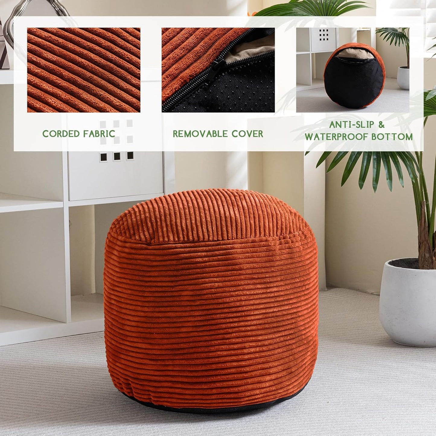 HIGOGOGO Round Stuffed Pouf Ottoman, Corduroy Poufs with Foam Chunk Filling, Furry and Fluffy Pouf Foot Stool Storage Ottoman, 20 X 15 Floor Poufs Foot Rest for Living Room, Dark Grey