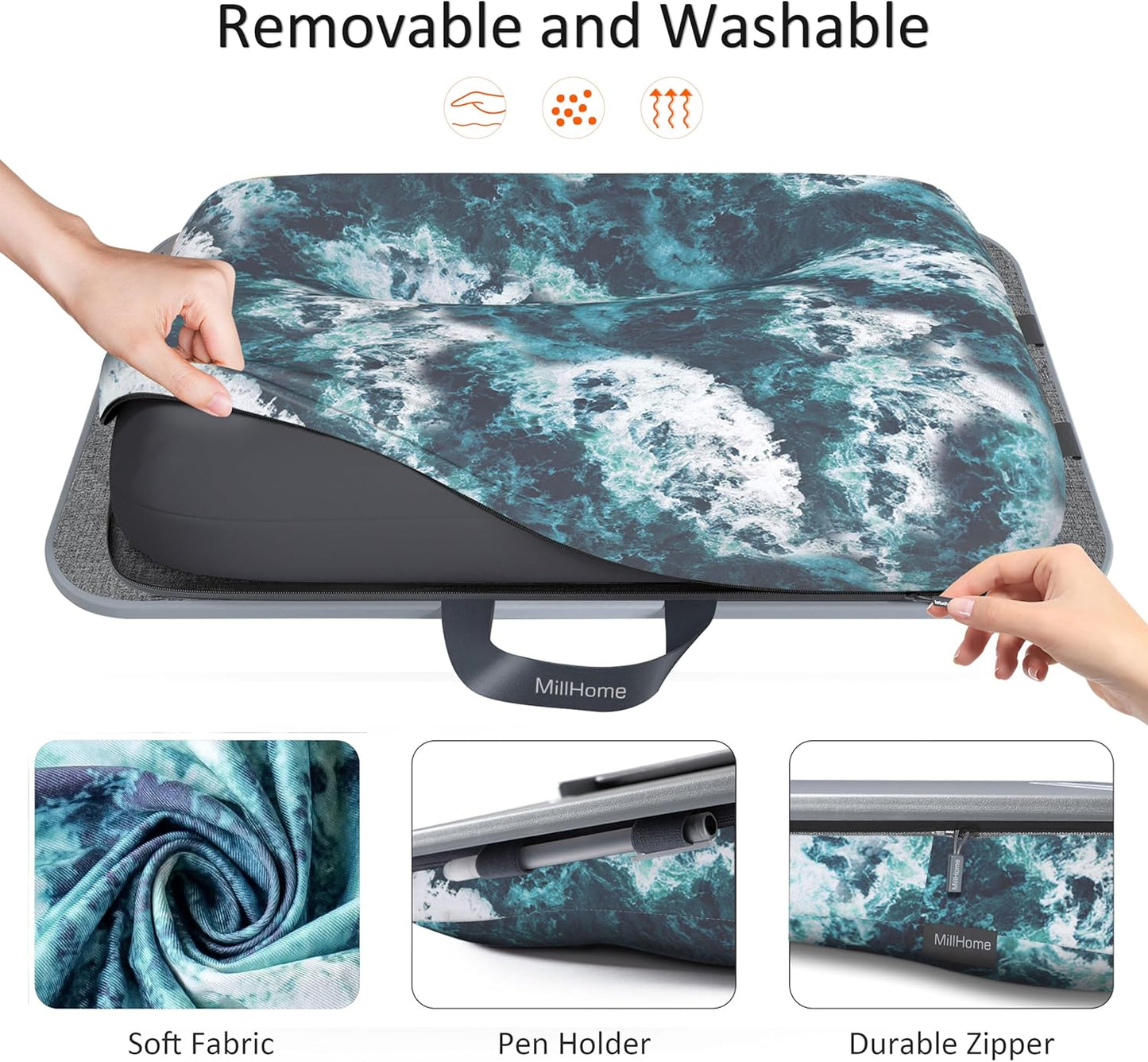 Lap Desk with Cushion, Fits up to 17 inch Laptop, Pillow Designed, Portable Laptop Stand with Tray, Pad & Phone Holder, Home Office for Bed/Couch/Car/Reading/Writing,MillHome (Black)